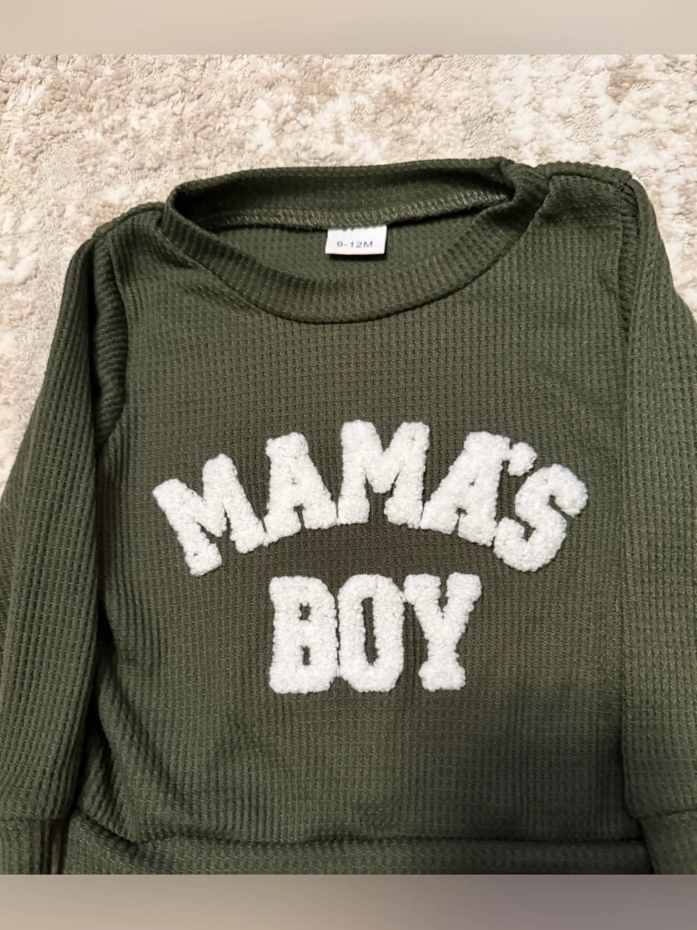 Kids Olive 'Mama's Boy' Matching Set - Cozy Thermal Top & Joggers size 9/12M